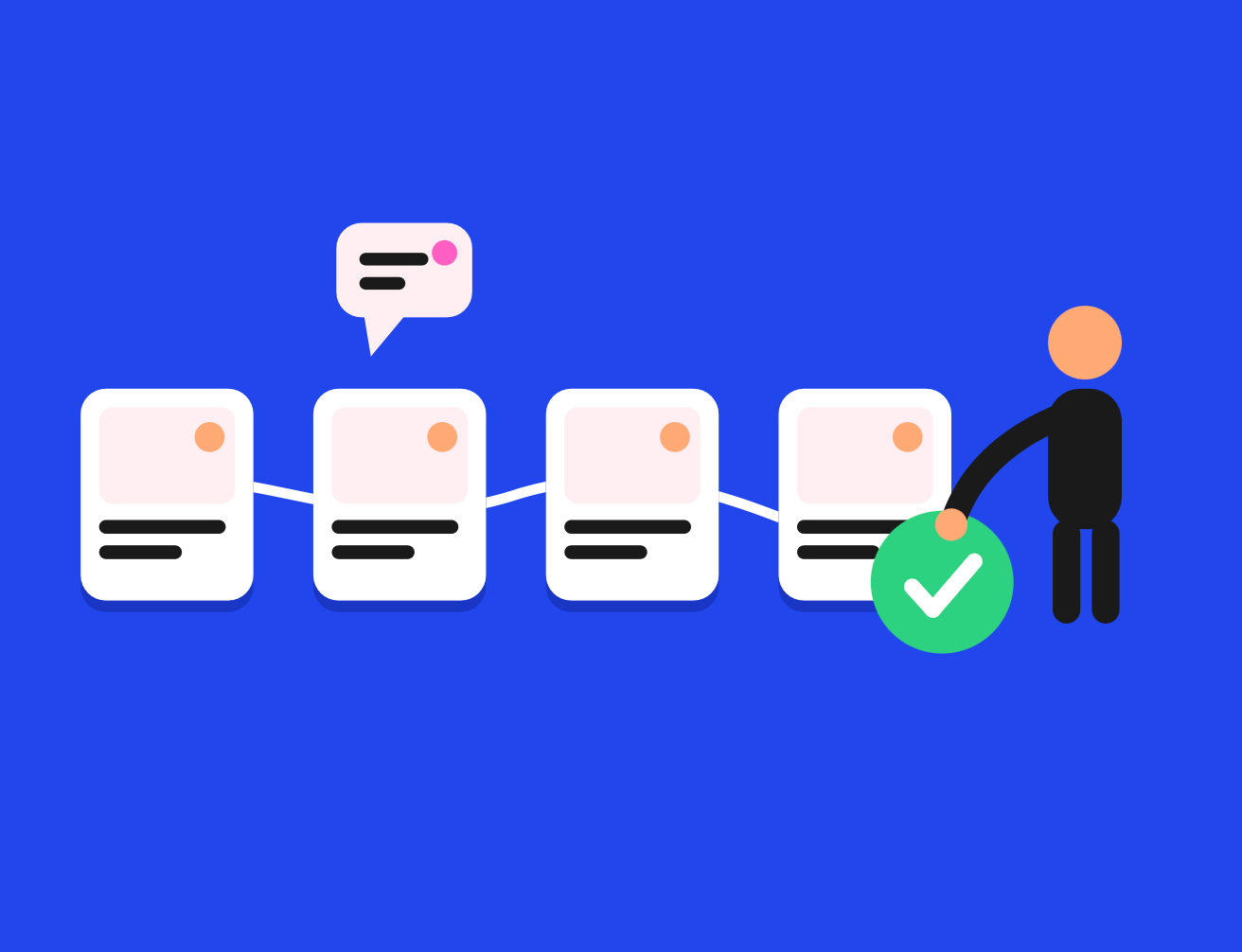 Illustrated social media approval workflow showing a post moving through review stages to an approved checkmark