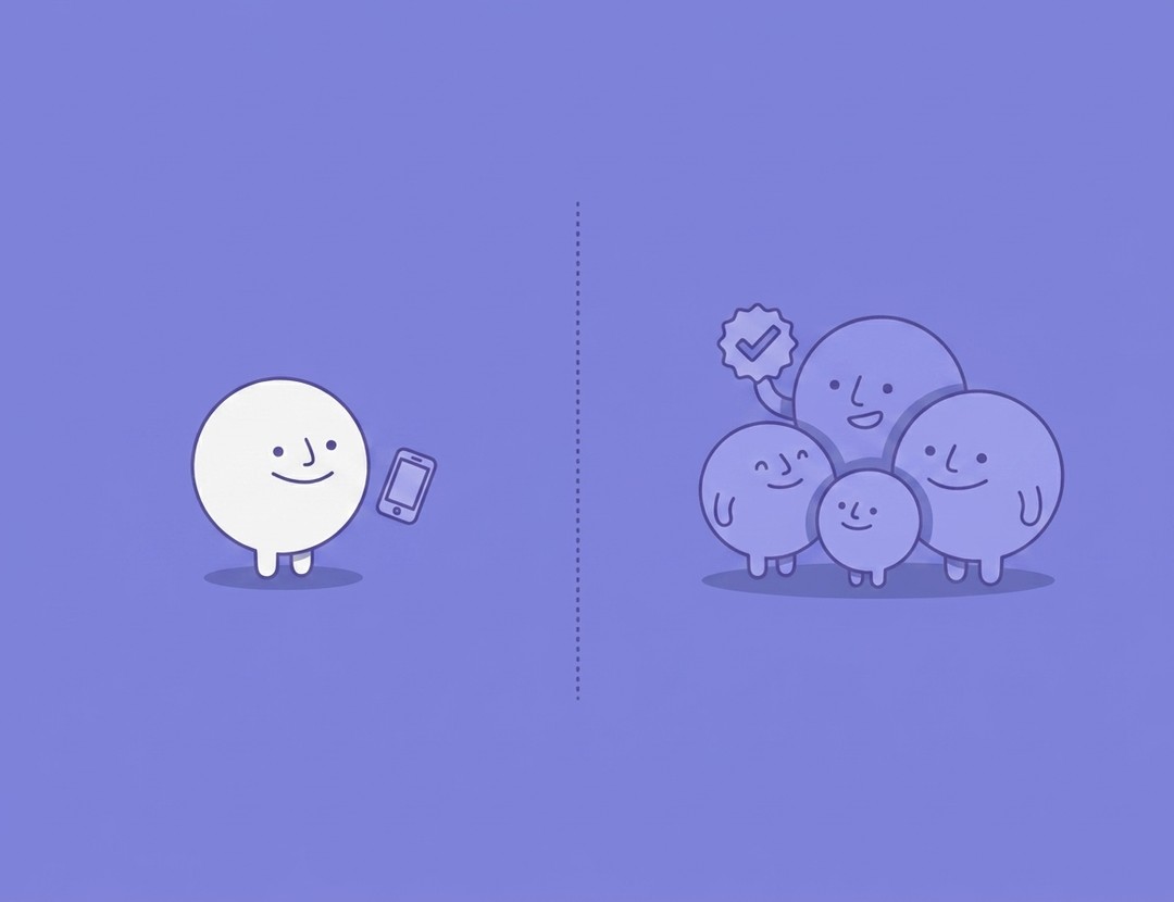 Illustration of a solo creator character next to a small agency team, representing social media tools for agencies vs solo creators