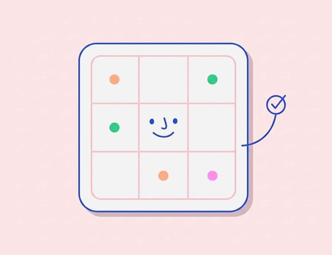 Illustration of a calendar grid character with colored badges, representing a social media content calendar tool