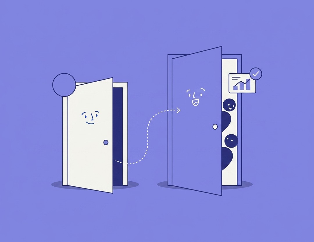 Illustration of two doors, one small and one open wide, representing the shift from a free social media management tool to a paid plan