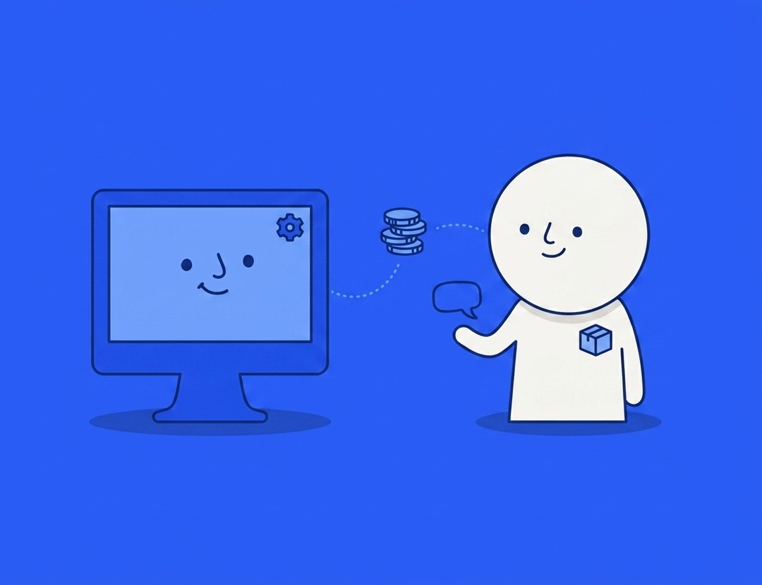 Illustration contrasting a computer monitor and a person, representing white label social media software versus a white label service