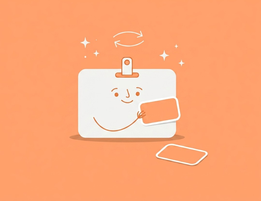 Illustration of a name-badge character swapping stickers, representing white label social media management tools