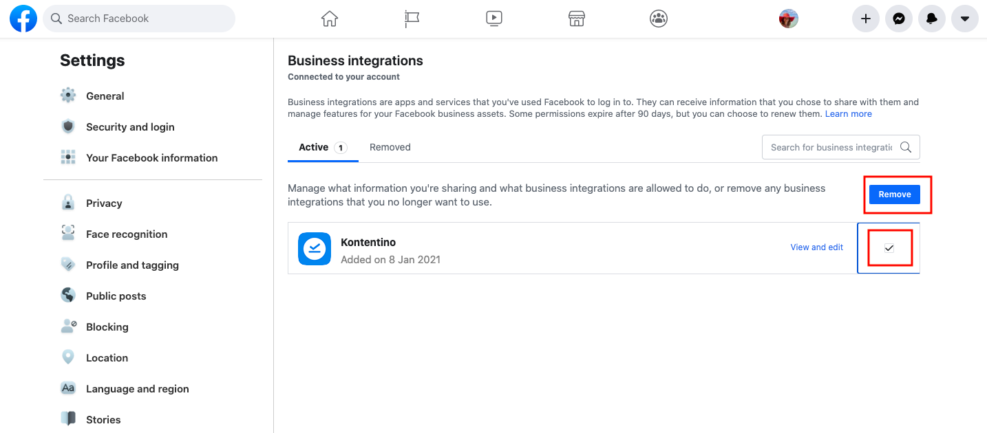 How to "Remove Business Integration" of Kontentino from Facebook
